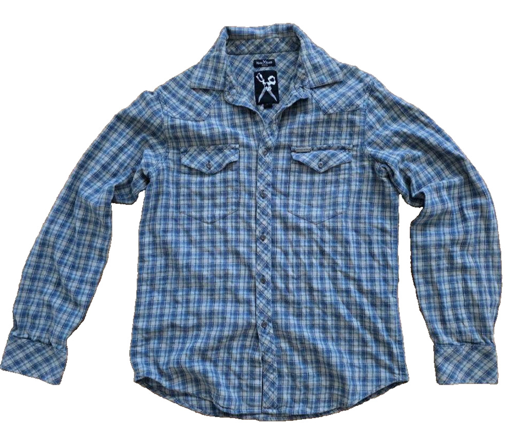 Marc Ecko Shirt Mens Medium Navy Plaid Long Sleeve medium A001237